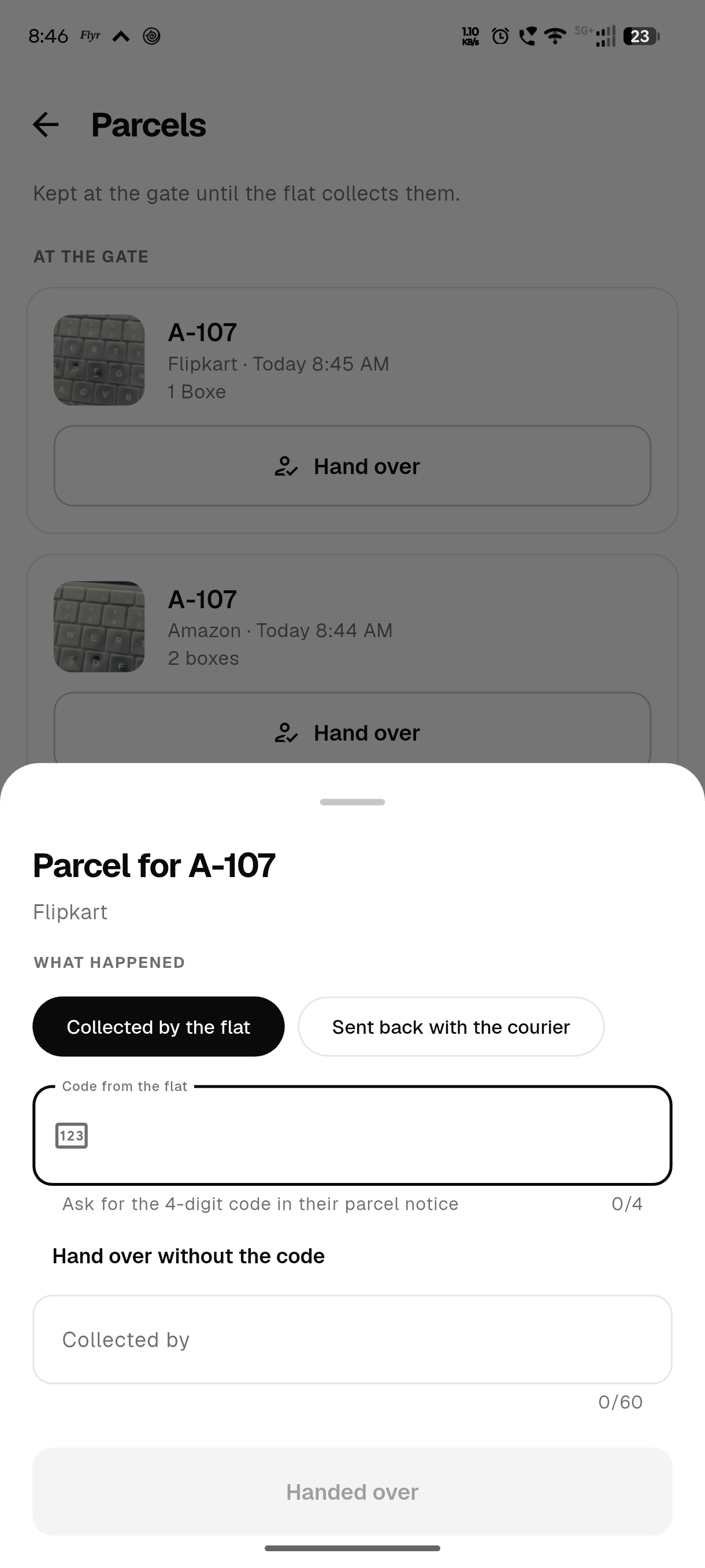 Handing over a parcel: the field for the home’s hand-over code