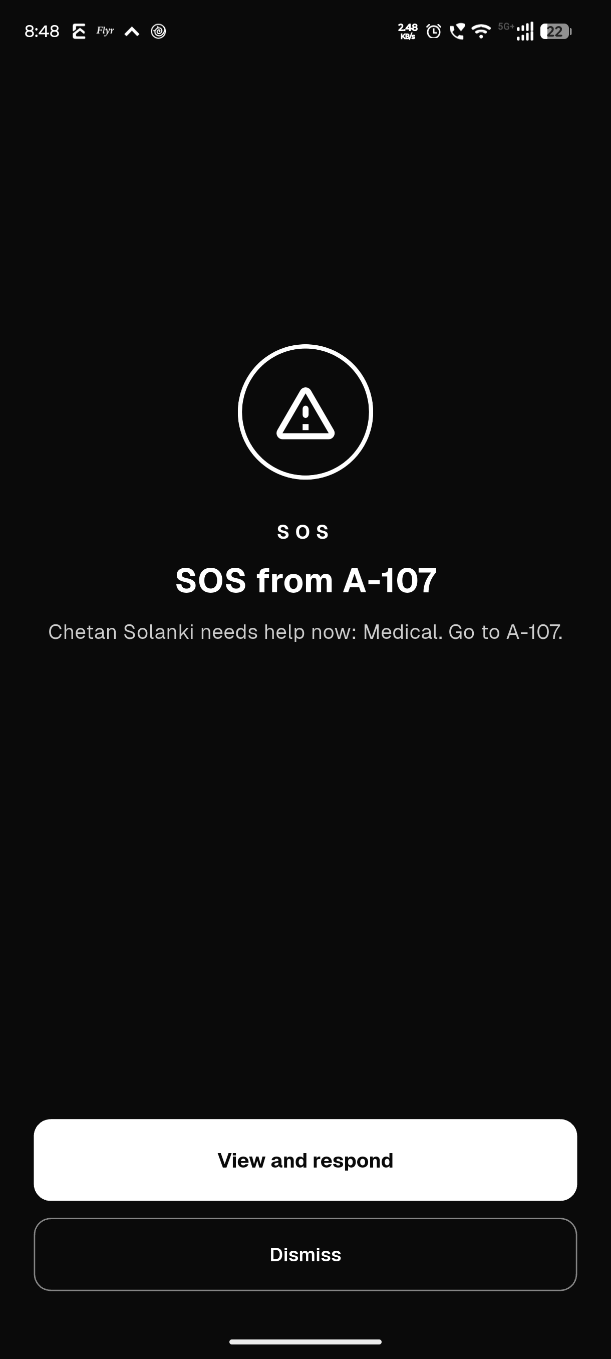 An SOS alert on the guard’s phone with an I’m going button