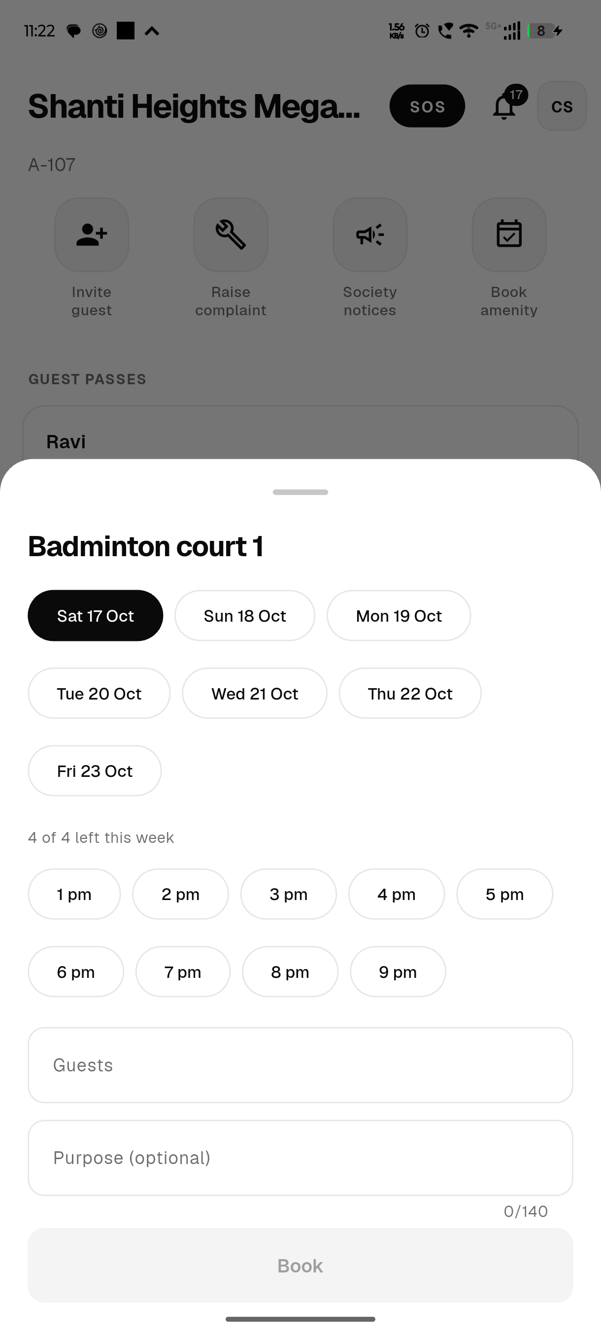An amenity’s booking slots marked available, taken and yours