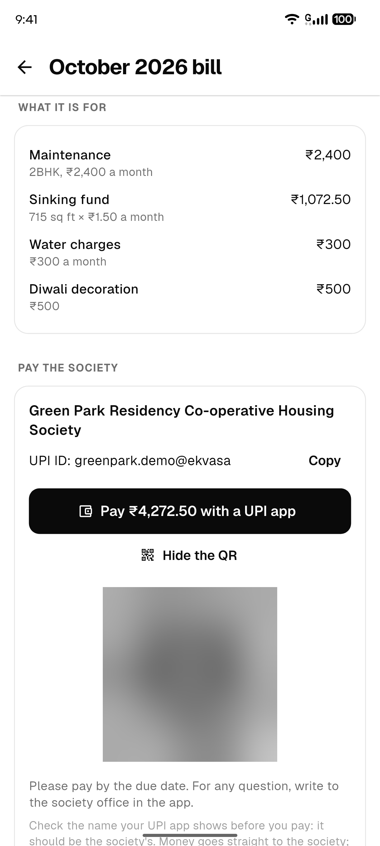 A maintenance bill with its charges, a button to pay with a UPI app and a UPI QR code