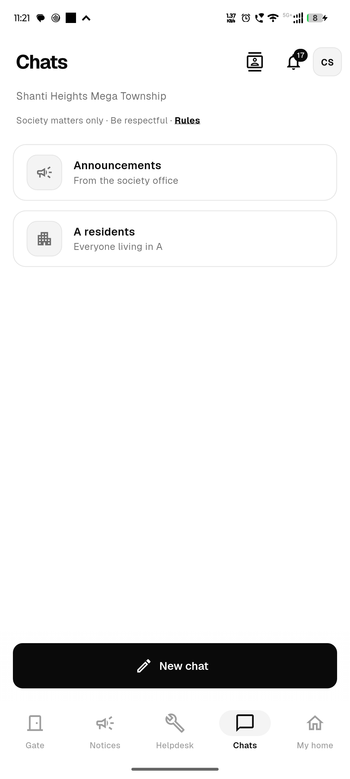 The chat list with the society’s Announcements, a block group and a one-to-one chat