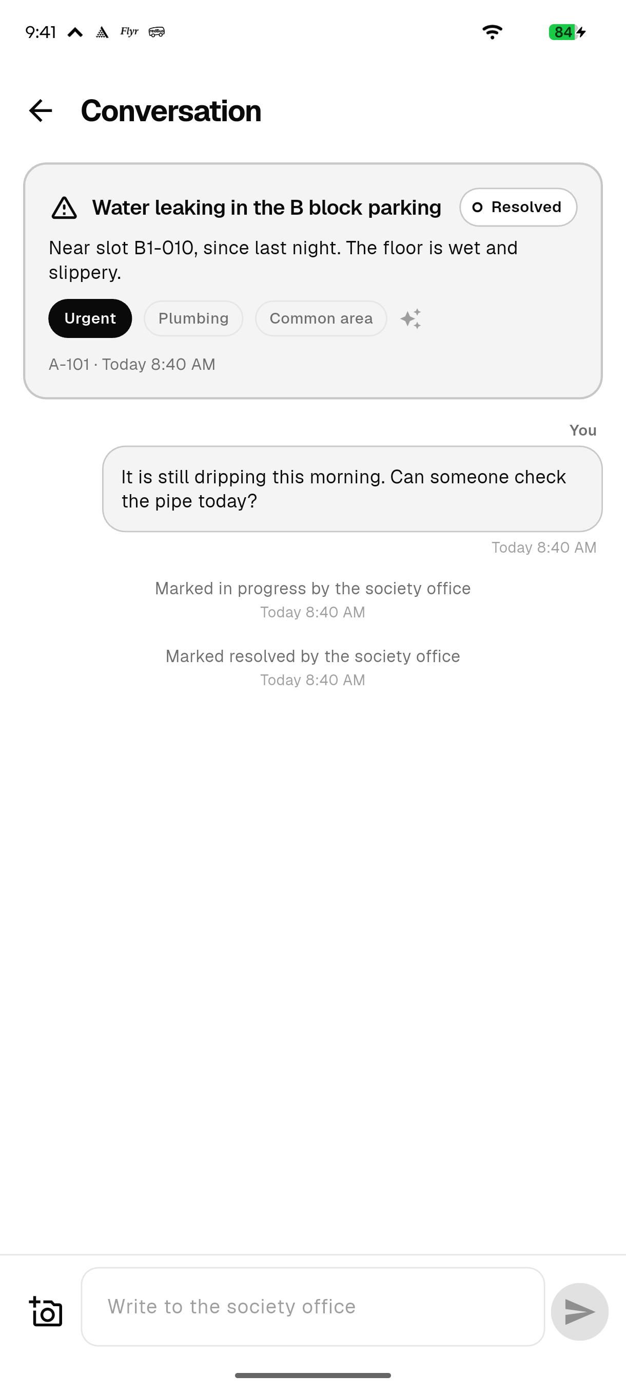 A complaint conversation with the Society office, with a photo and the complaint’s status