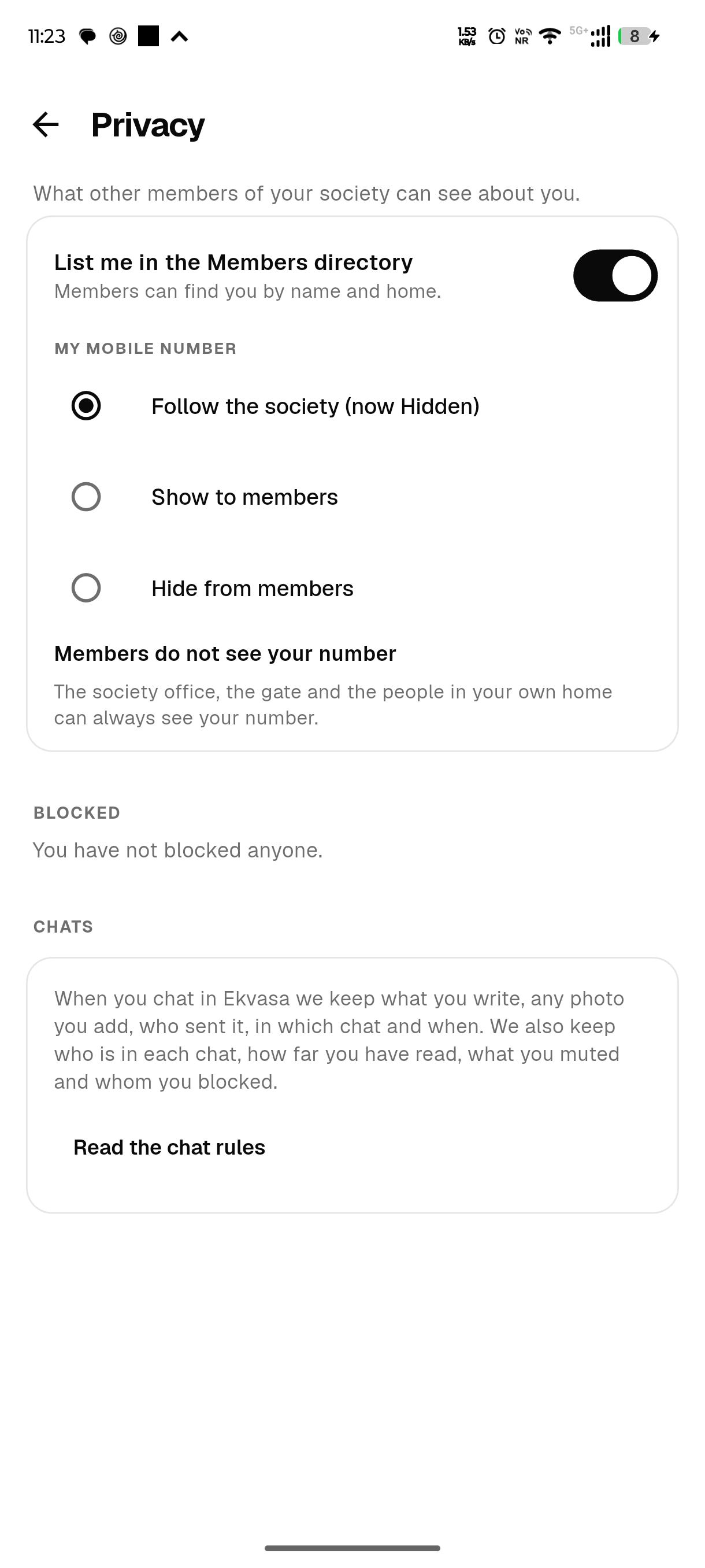 Privacy settings with switches for being listed in the members directory and for showing your number