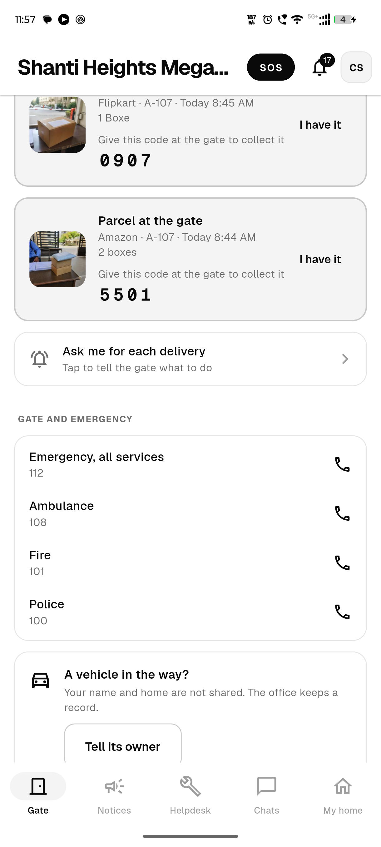 The gate and emergency numbers card, with the society’s numbers and 112, 108, 101 and 100