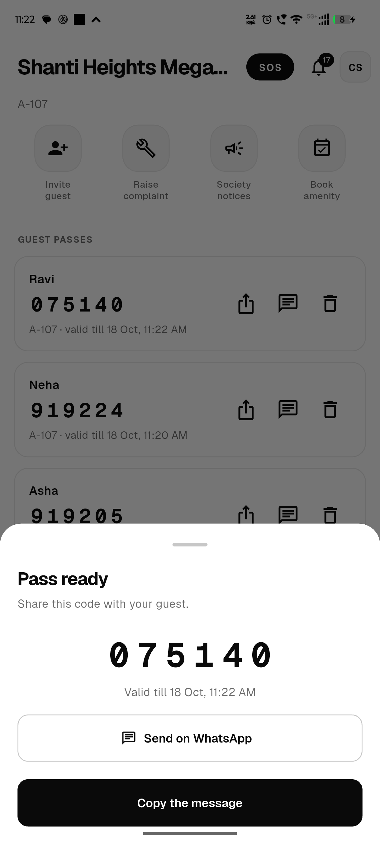 A guest pass ready to share: a 6-digit code with Copy and Send on WhatsApp buttons