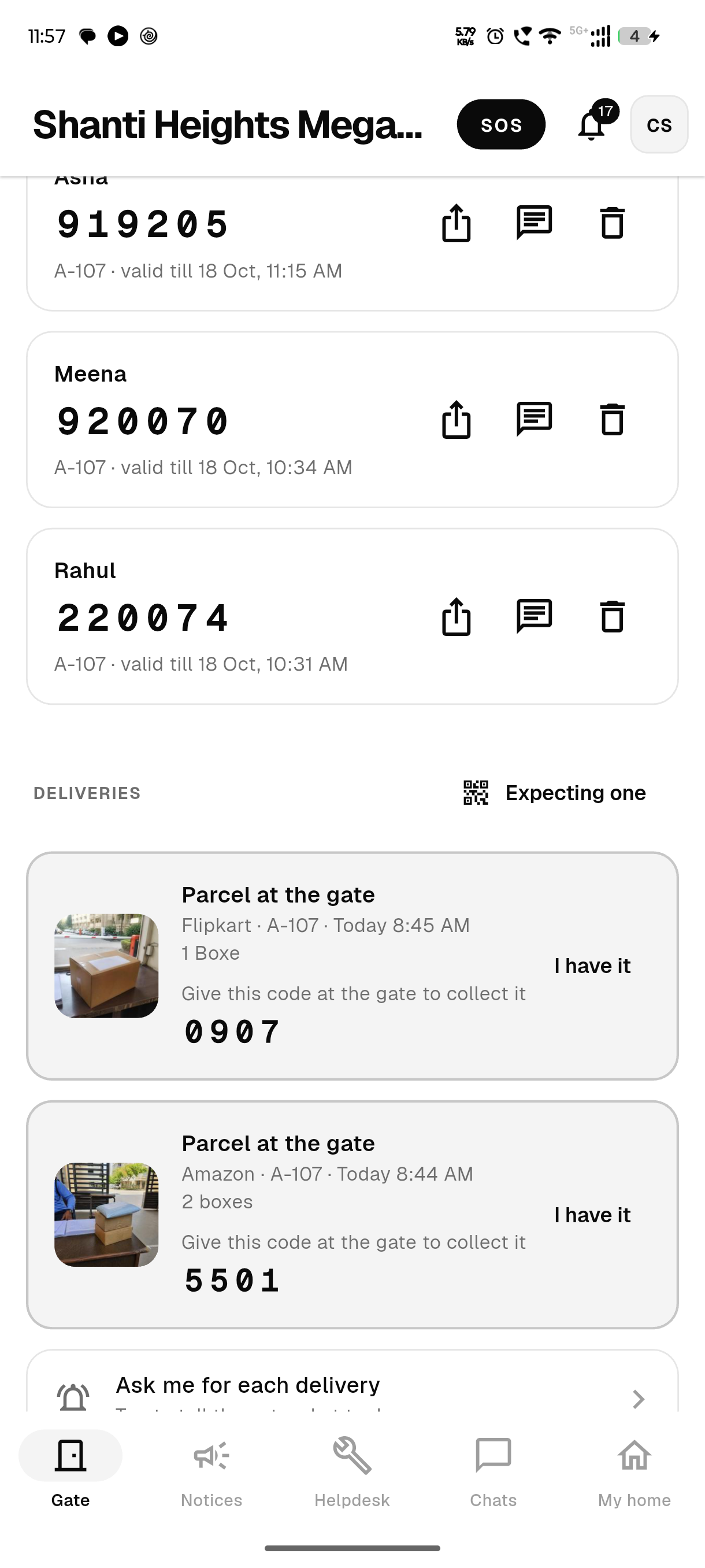 A parcel waiting at the gate, with its 4-digit hand-over code in large digits