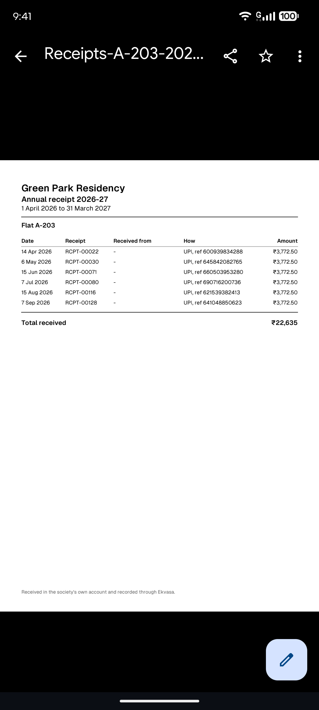 A receipt PDF open on the phone, in the resident’s language