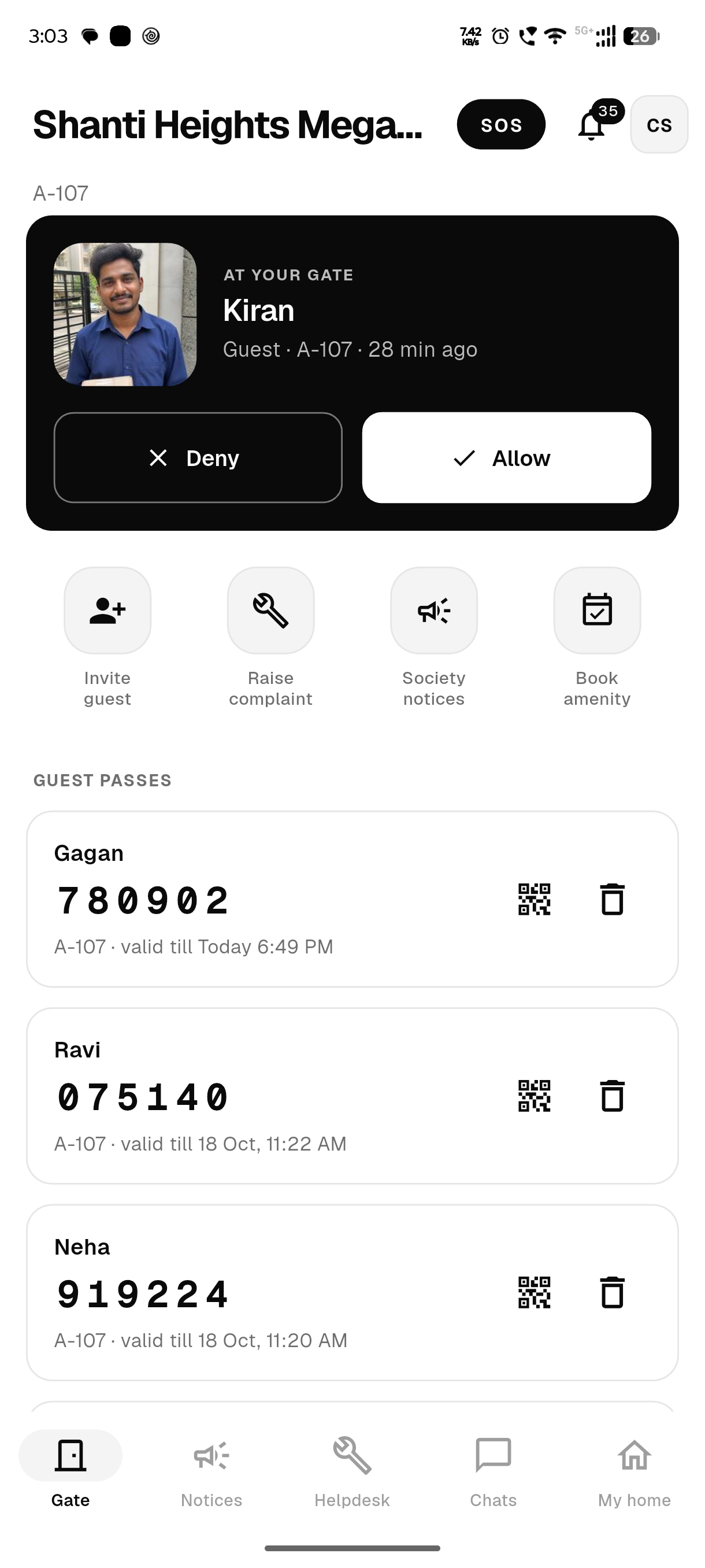 The resident’s app showing a visitor waiting at the gate, with their name, the home and Allow and Deny buttons