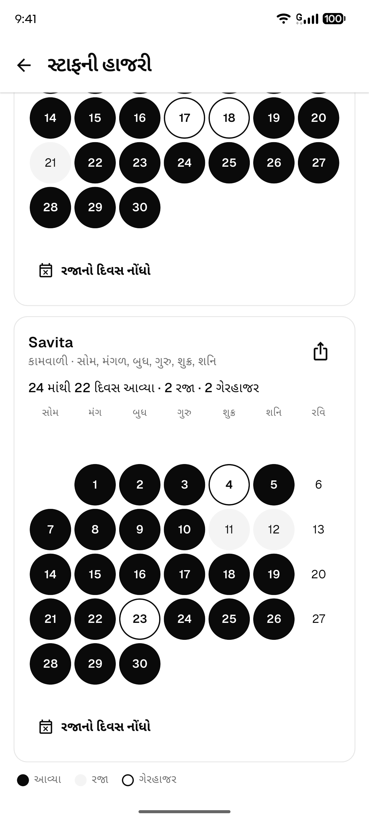 એક સ્ટાફ સભ્યનો મહિનો: આવ્યા તે દિવસો, રજાના દિવસો અને ગેરહાજર દિવસો
