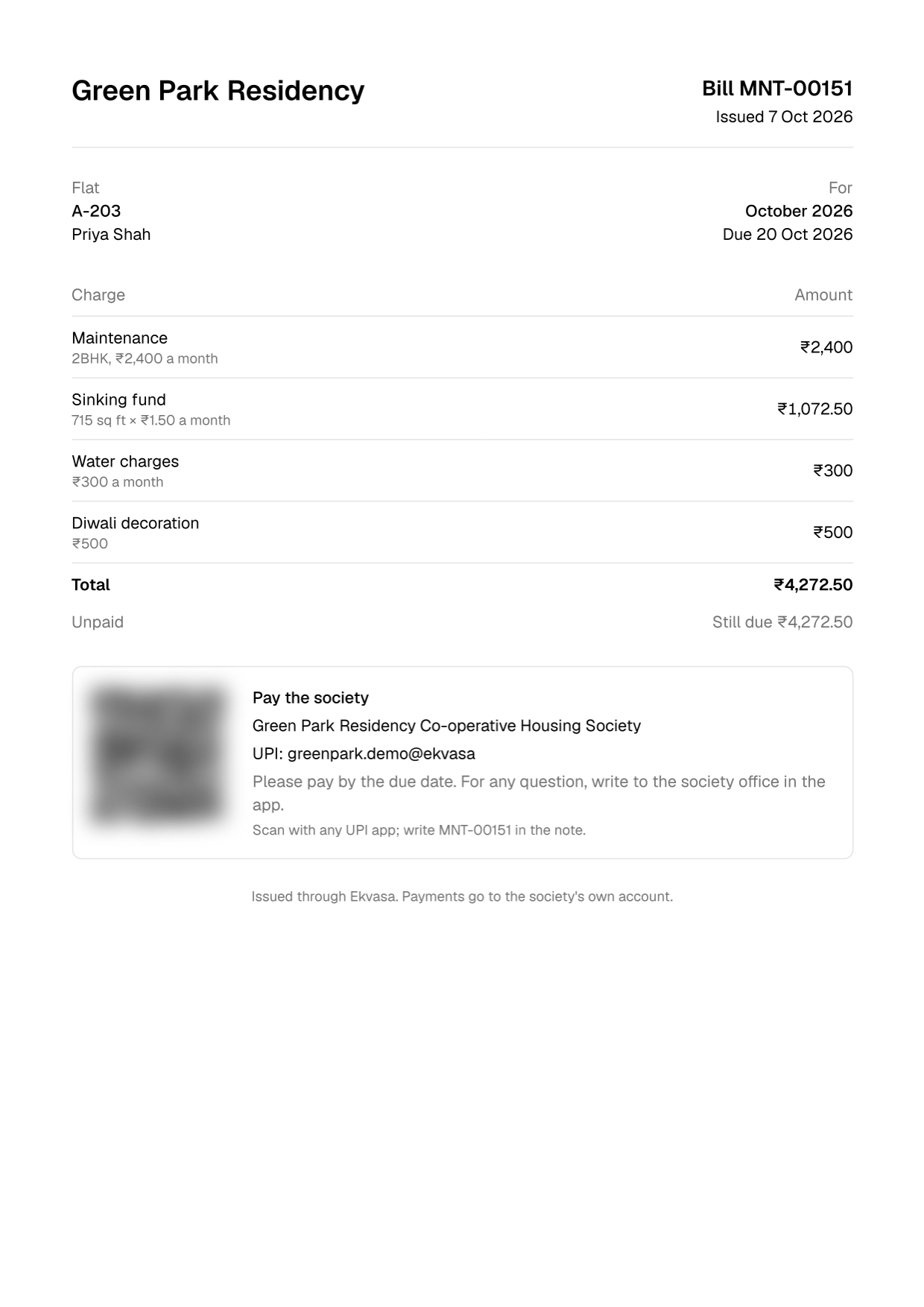 A printable A4 maintenance bill