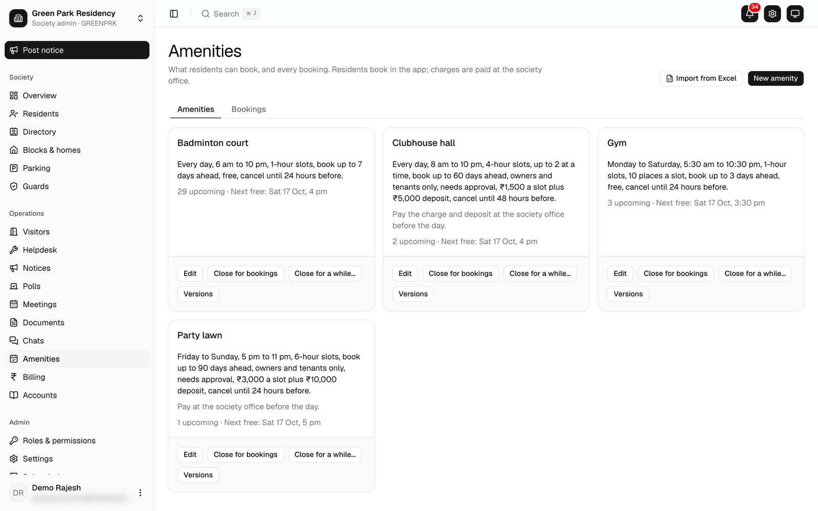 An amenity’s booking rules and its bookings list
