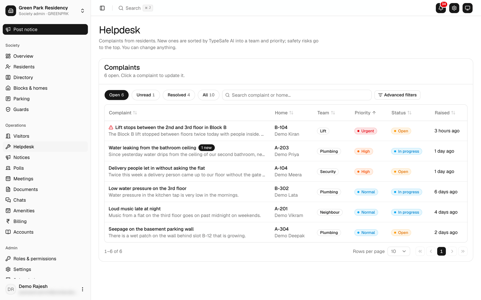 The helpdesk list with each complaint’s team, urgency and safety marks