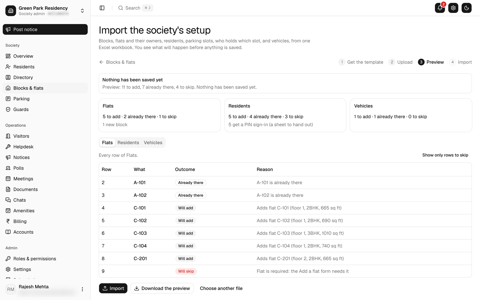 An import preview listing rows to add, rows already there and rows skipped with a reason