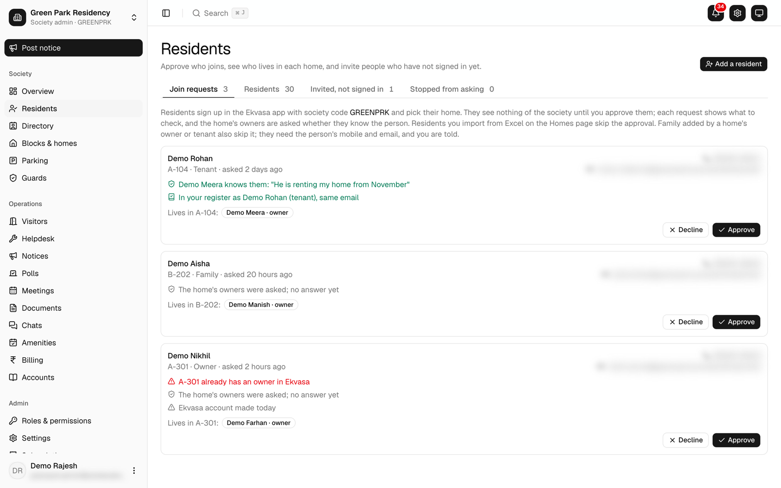 Join requests in the console, with the home owners’ answer and whether the person is in the society’s register