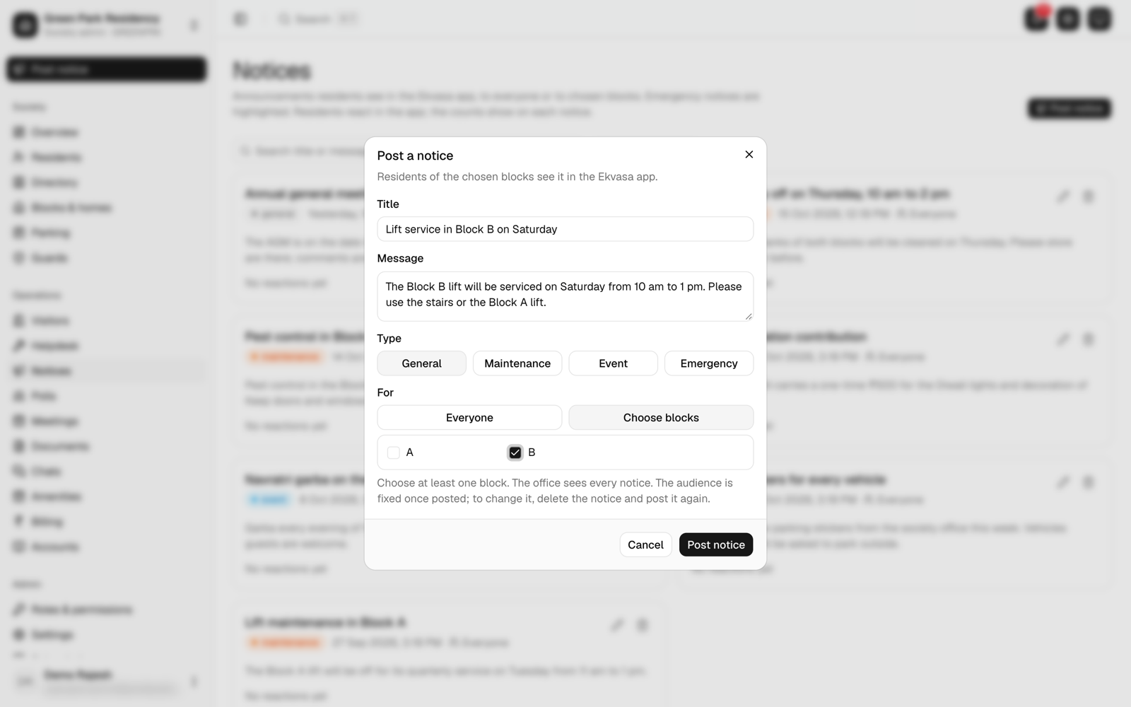 The notice composer with the option to choose blocks