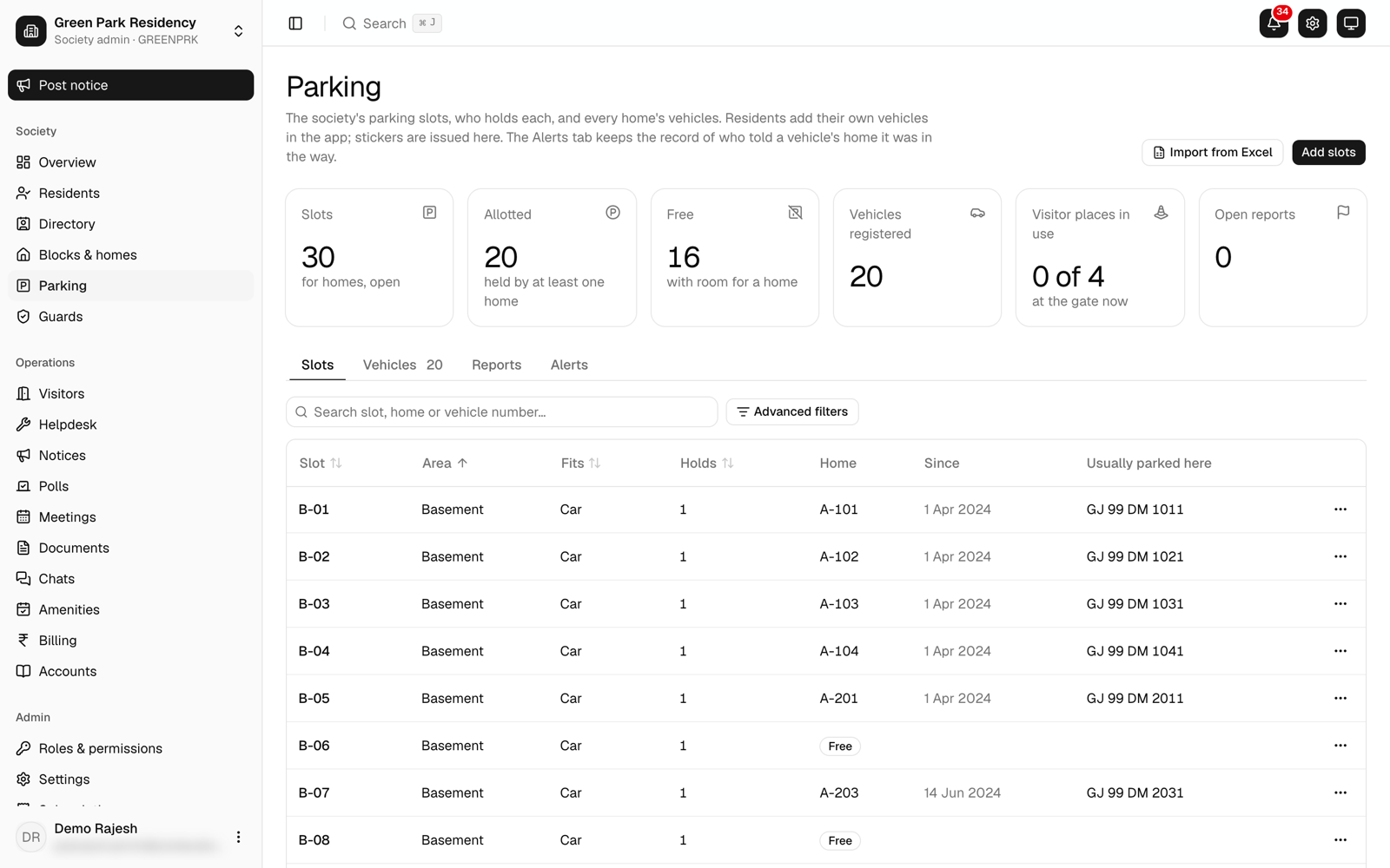 The parking register with slots, allotments and vehicles